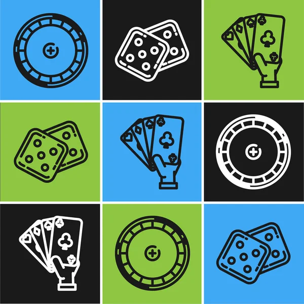 Establecer línea Casino ruleta rueda, mano celebración de cartas de juego y el icono de dados del juego. Vector — Archivo Imágenes Vectoriales