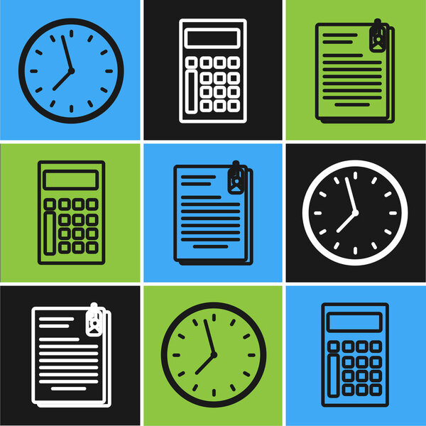 Set line Clock, File document and paper clip and Calculator icon. Vector