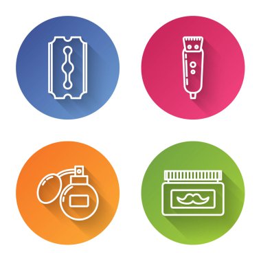 Jilet, elektrikli saç makası, tıraş makinesi, tıraş losyonu ve krem ya da losyon kozmetik kavanozu. Renkli daire düğmesi. Vektör