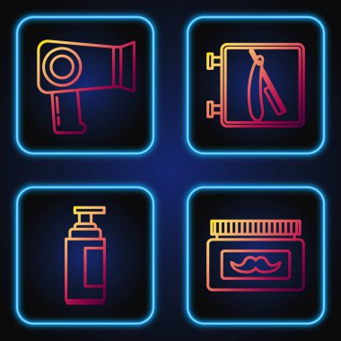 Krem ya da losyon kozmetik kavanozu, krem ya da losyon kozmetik tüpü, saç kurutma makinesi ve jiletle berber dükkanını ayarla. Renk simgeleri. Vektör