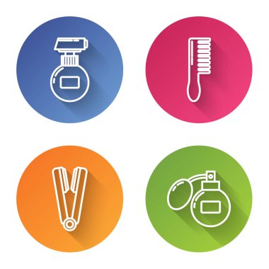 Krem veya losyon kozmetik tüpü, saç fırçası, saç ve tıraş losyonu için saç maşası. Renkli daire düğmesi. Vektör