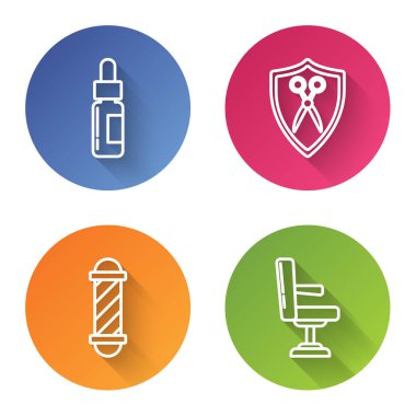 Pipetli cam şişe, makas kuaför ve kalkan, klasik berber dükkânı direği ve berber koltuğu. Renkli daire düğmesi. Vektör