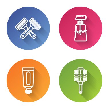 Tıraş bıçağı, krem ya da losyon kozmetik tüpü, krem ya da losyon kozmetik tüpü ve saç fırçası. Renkli daire düğmesi. Vektör