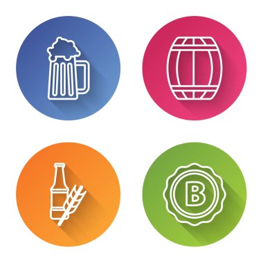 Ahşap bira bardağı, tahta fıçı, bira şişesi ve yazılı birayla şişe kapağı. Renkli daire düğmesi. Vektör