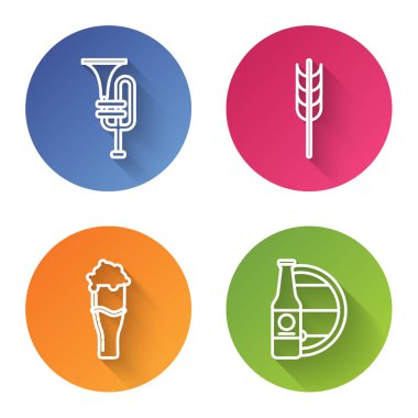 Müzikal enstrüman trompeti, pirinç, buğday, mısır, yulaf, çavdar, arpa, bir bardak bira ve bira şişesi ve ahşap fıçıyla hazırlanmış mısır gevrekleri. Renkli daire düğmesi. Vektör