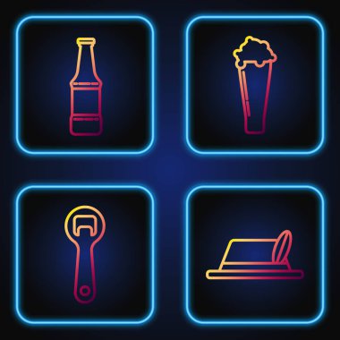 Sıra Oktoberfest şapkası, şişe açacağı, bira şişesi ve bir bardak bira. Renk simgeleri. Vektör