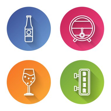 Çizgi bira şişesi, rafta tahta fıçı, bir bardak bira ve yazılı bira tabelaları. Renkli daire düğmesi. Vektör