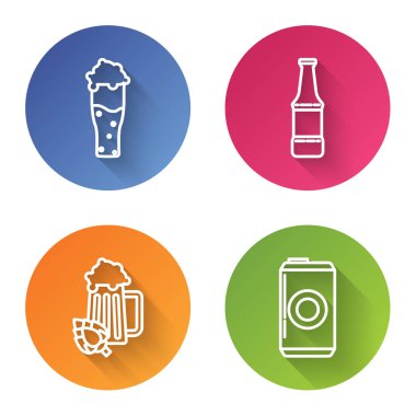 Bir bardak bira, bira şişesi, bir bardak bira ve bira kutusu. Renkli daire düğmesi. Vektör