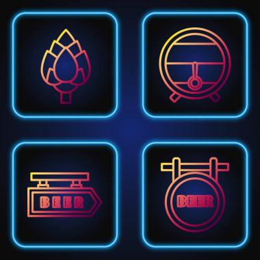 Sokak tabelasını yazılı birayla, sokak tabelasını yazılı birayla, Hop ve tahta fıçıyı durduruculu rafla ayarla. Renk simgeleri. Vektör