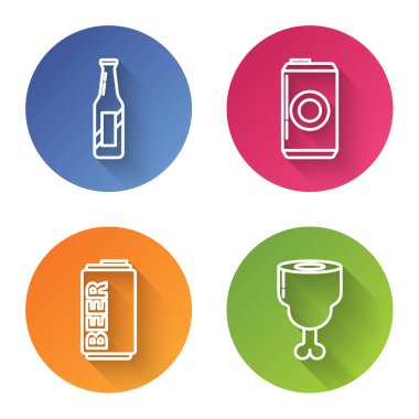 Çizgi bira şişesi, bira kutusu, bira kutusu ve tavuk bacağı. Renkli daire düğmesi. Vektör