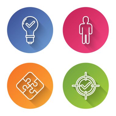 Ampul ve kontrol işareti, takım elbiseli adam, yapboz parçası, hedef ve işaret. Renkli daire düğmesi. Vektör