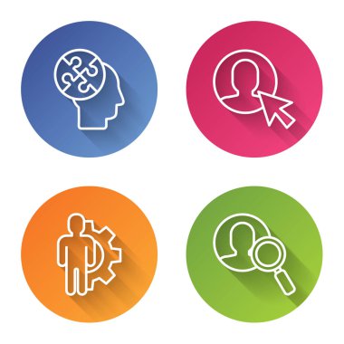 İnsan kafası bulmaca stratejisi, iş elbisesi giyen adam, içinde ekipman olan insan ve insanları aramak için büyüteç. Renkli daire düğmesi. Vektör