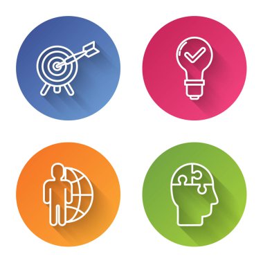 Hedefi ok, ampul ve işaretle belirle, Globe ve insanlar ve insan kafası bulmaca stratejisi. Renkli daire düğmesi. Vektör