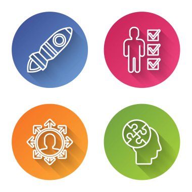 Roket gemisini ateşle, takım elbiseli adam kullanıcısı, proje ekibi üssü ve insan kafası bulmaca stratejisi. Renkli daire düğmesi. Vektör