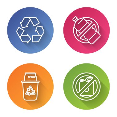 Hat geri dönüşüm sembolü, plastik şişe yok, geri dönüşüm sembolü olan geri dönüşüm kutusu ve benzin bidonu yok. Renkli daire düğmesi. Vektör