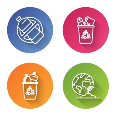 Çizgiyi ayarla. Plastik şişe yok, geri dönüşüm sembollü geri dönüşüm kutusu, geri dönüşüm sembollü geri dönüşüm kutusu ve Dünya küresi ve bitki. Renkli daire düğmesi. Vektör