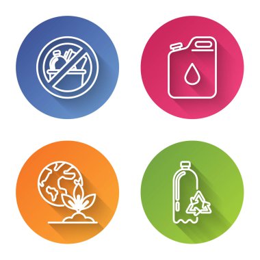 Çöp yok, benzin bidonu, toprak küresi, bitki ve geri dönüşüm plastik şişesi. Renkli daire düğmesi. Vektör