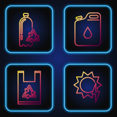 Güneş enerjisi panelini, geri dönüşümlü plastik torbayı, geri dönüşüm kutusunu ve benzin için tüpü ayarla. Renk simgeleri. Vektör