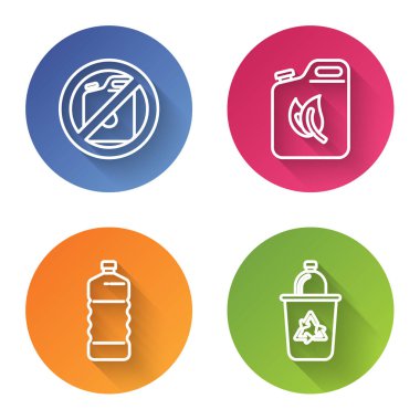Hattı ayarlayın. Benzin için biyo yakıt tüpü, plastik şişe ve geri dönüşüm sembollü geri dönüşüm kutusu yok. Renkli daire düğmesi. Vektör
