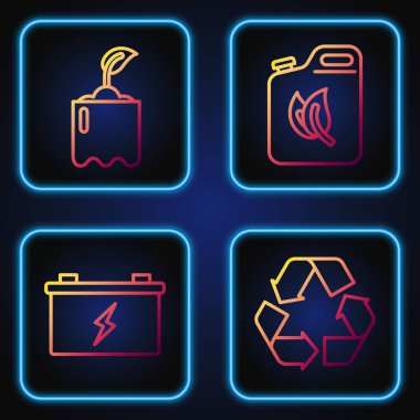 Hat geri dönüşüm sembolü, araba aküsü, şişede filiz ve biyo yakıt tüpü. Renk simgeleri. Vektör