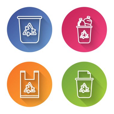 Geri dönüşüm sembolüyle geri dönüşüm kutusunu, geri dönüşüm kutusuyla plastik torbayı ayarla. Renkli daire düğmesi. Vektör
