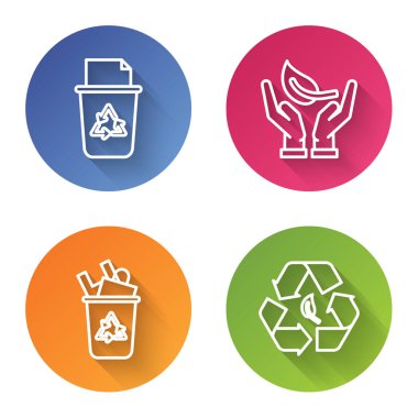 Çevre koruma hattını, geri dönüşüm sembolü ve geri dönüşüm sembolü ve yaprağı ile geri dönüşüm kutusunu hazır hale getirin. Renkli daire düğmesi. Vektör