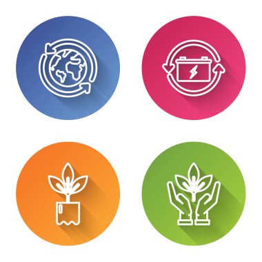 Gezegen ve geri dönüşüm hattı, geri dönüşüm sembollü batarya, şişeye yerleştirme ve çevre korumasına bağlı bitki. Renkli daire düğmesi. Vektör