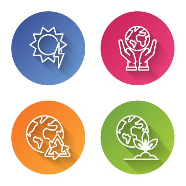 Güneş enerjisi paneli, Dünya 'yı tutan insan elleri, Dünya gezegeni, geri dönüşüm ve Dünya küresi ve bitki. Renkli daire düğmesi. Vektör