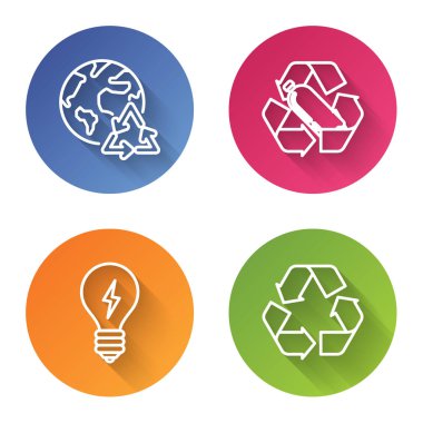 Gezegen ve geri dönüşüm hattı, plastik şişe, yıldırım sembollü ampul ve geri dönüşüm sembolü. Renkli daire düğmesi. Vektör