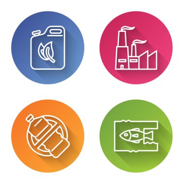 Biyolojik yakıt tüpü, fabrika plastik şişe yok ve okyanus plastik kirliliğini durdurun. Renkli daire düğmesi. Vektör