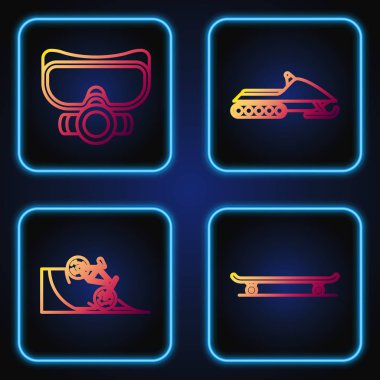İp kaykayı, bisiklet, sokak rampası, dalış maskesi ve kar aracı ayarlayın. Renk simgeleri. Vektör