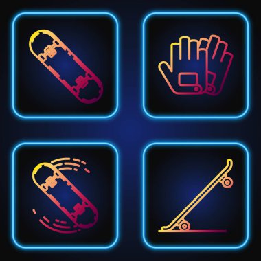 Çizgi kaykayı, kaykay numarası, kaykay numarası ve eldivenler. Renk simgeleri. Vektör