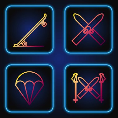 Kayak ve sopalar, paraşüt, kaykay, kayak ve sopalar. Renk simgeleri. Vektör