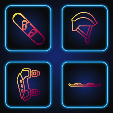 Çizgi çizgisi Snowboard, dizlik, Snowboard ve bisiklet kaskı. Renk simgeleri. Vektör