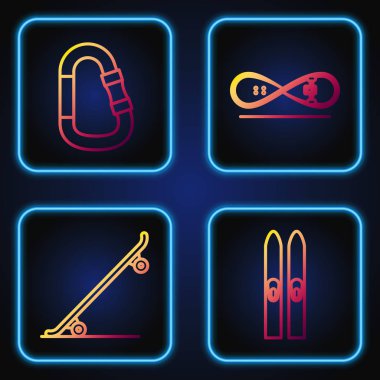 Çizgi kayak ve sopalar, kaykay, karabinalar ve kaykay numaraları. Renk simgeleri. Vektör