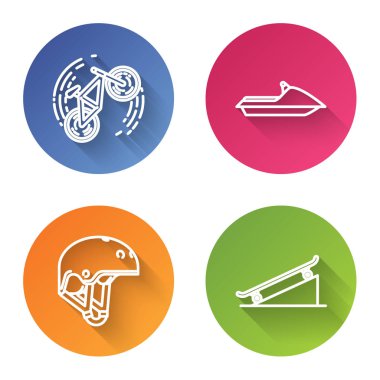 Sıralı bisiklet numarası, Jet ski, Miğfer ve Kaykay sokak rampasında. Renkli daire düğmesi. Vektör