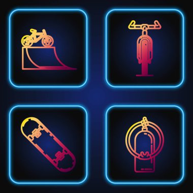 Aqualung hattı, kaykay numarası, bisiklet ve sokak rampası. Renk simgeleri. Vektör