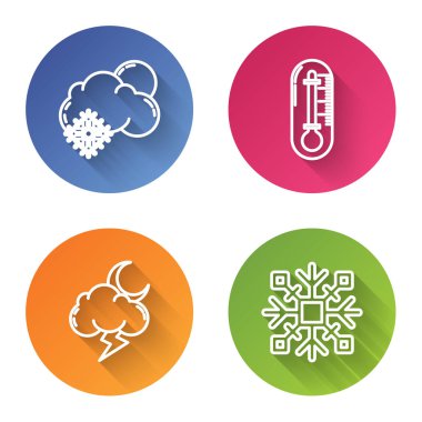 Cloud 'a kar ve güneş, Termometre, Fırtına ve Kar Tanesi ekleyin. Renkli daire düğmesi. Vektör