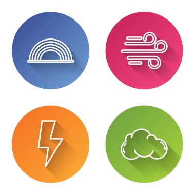 Çizgiyi bulutlu, rüzgarlı, yıldırımlı ve bulutlu ayarla. Renkli daire düğmesi. Vektör