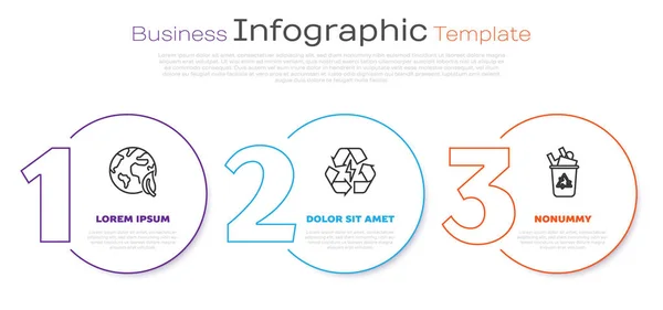 Establecer línea Tierra globo y hoja, Batería con símbolo de reciclaje y Papelera de reciclaje con símbolo de reciclaje. Plantilla de infografía empresarial. Vector — Vector de stock