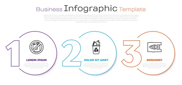 Definir linha Nenhum recipiente para gasolina, Lixeira com símbolo de reciclagem e parar a poluição do oceano plástico. Modelo de infográfico de negócios. Vetor — Vetor de Stock