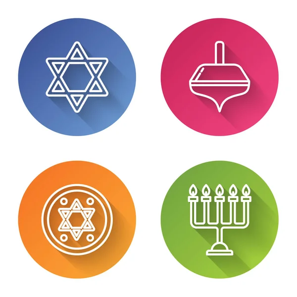 Defina a linha Estrela de David, Hanukkah dreidel, moeda judaica e Hanukkah menorah. Cor botão círculo. Vetor — Vetor de Stock