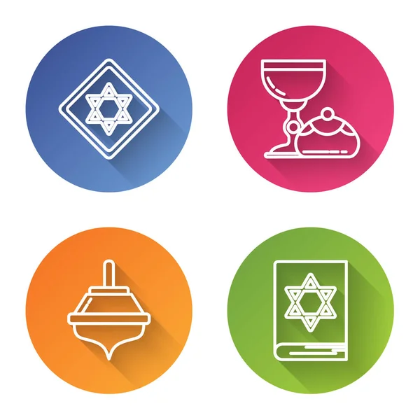《大卫之星》、《犹太高脚杯》、《 hanukkah sufganiyot 》、《 Hanukkah dreidel 》和《犹太圣训》。 彩色圆形按钮。 B.病媒 — 图库矢量图片