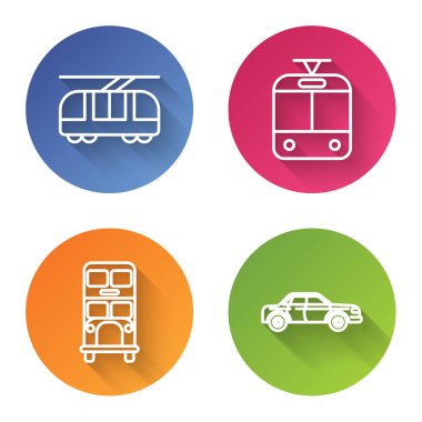 Tramvay ve demiryolu, tramvay ve demiryolu, çift katlı otobüs ve Sedan vagonu ayarlayın. Renkli daire düğmesi. Vektör