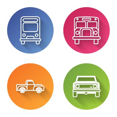 Otobüs, okul otobüsü, kamyonet ve off road vagonu. Renkli daire düğmesi. Vektör