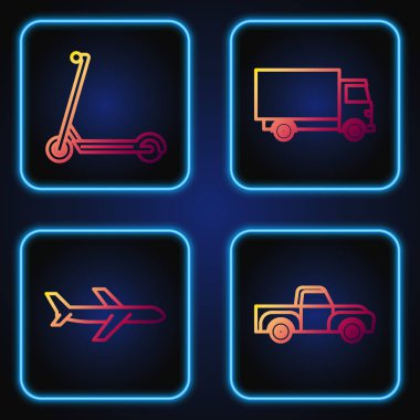 Hattı kurun. Kamyonet, uçak, Scooter ve kargo kamyonu. Renk simgeleri. Vektör