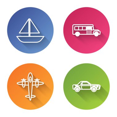 Yat yatı, yelkenli ya da yelkenli, okul otobüsü, eski antika uçak ve Sedan araba. Renkli daire düğmesi. Vektör