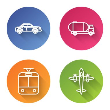 Sedan vagonu, tanker kamyonu, tramvay ve demiryolu ve antika uçak ayarlayın. Renkli daire düğmesi. Vektör