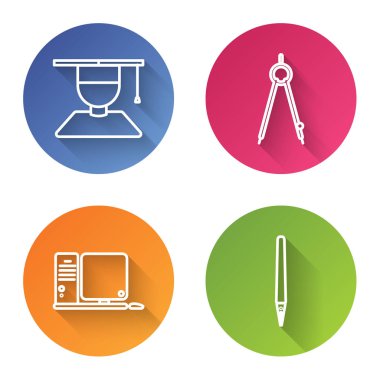 Mezuniyet şapkası, çizim pusulası, klavye, fare ve kalem ile bilgisayar monitörü ayarla. Renkli daire düğmesi. Vektör