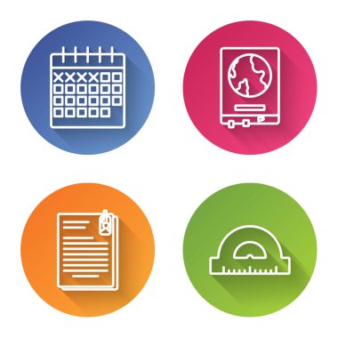 Çizgi çizelgesi, okul tahtasındaki dünya haritası, Dosya belgesi ve ataç ve dereceleri ölçmek için iletki ızgarası. Renkli daire düğmesi. Vektör